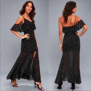 Keepsake Embrace Me black polka dot one shoulder chiffon midi dress slit